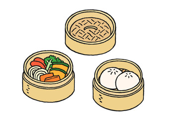 食べ物が入ったせいろの手描きイラストセット
