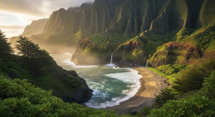 Dramatic tropical coastline features towering green cliffs, ocean waves, and cascading waterfalls at sunrise