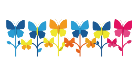 Highly stylized geometric paper-cutout butterflies in electric blue, yellow, orange, and pink, forming a repetitive horizontal border pattern on a white background. Concept of decorative vector art