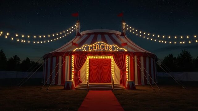 A vintage circus tent at night under starry skies