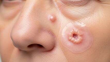 A close-up view of a person's face with a large skin lesion