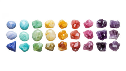 Row of colorful gemstones, including amethyst, aquamarine, and citrine. isolated illustration on transparent background