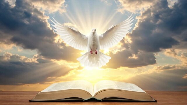 A white dove soars above an open book, bathed in golden sunlight, against a backdrop of dramatic clouds