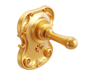 Ornate gold door lever with floral accents, isolated on black