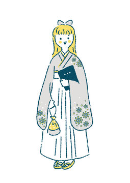 卒業証書を持って袴姿で立つ若い女性のイラスト