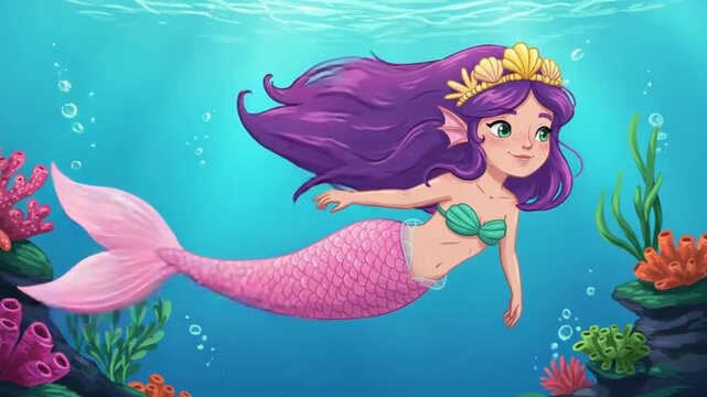 A young mermaid with purple hair swims in a coral reef filled underwater scene.  Pink tail and light teal bra