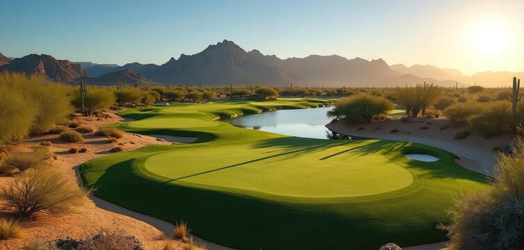 Desert golf course features green fairways, water hazards with mountains in background. Cactus, scrub brush dot arid landscape. Sunlight creates long shadows on grass. Beautiful western panorama.