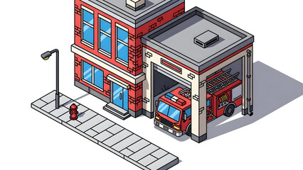 Isometric 3D rendering of a modern red fire station building featuring an open garage door, parked firetruck vehicle, concrete sidewalk, and public service architecture illustration.