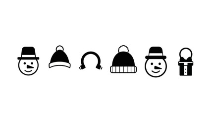 Winter icon set snowman faces and festive headwear line art illustrations