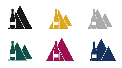 Abstract wine bottle and mountain silhouettes design in various colors