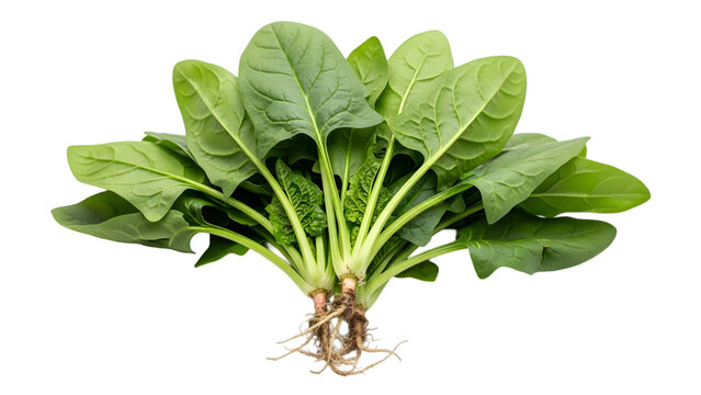 Fresh spinach plant with roots and green leaves isolated on a transparent background