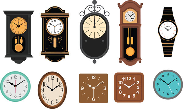 Collection of vintage wall clocks and modern wrist watches featuring classic pendulum clocks and round analog timepieces for home decor and time management