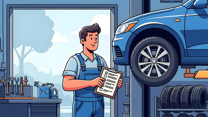 Professional automotive mechanic technician holding clipboard performing vehicle inspection for garage service maintenance repair work