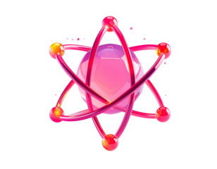 A 3D rendered atom model, with colored spheres, on a black background