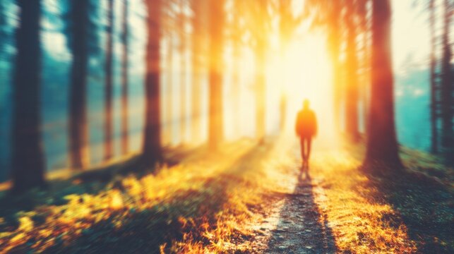 Person walking on path in forest during sunset with sunlight shining - Powered by Adobe