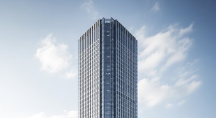 Tall glass and steel structure rises toward a partly cloudy sky