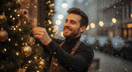 Young adult man happily decorates an illuminated holiday tree outdoors while snow falls