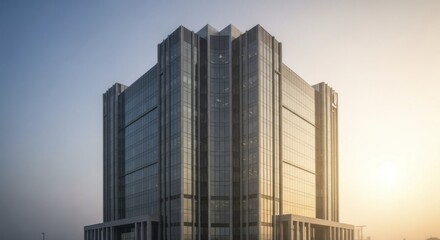 Modern glass office tower reflects warm sunlight against a pale blue sky.