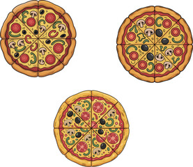 Delicious Italian pizza set with pepperoni mushrooms olives and peppers isolated on white background for restaurant menu design