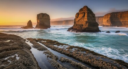 Dramatic sea stacks and coastal cliffs illuminated by warm sunrise light above turquoise ocean water