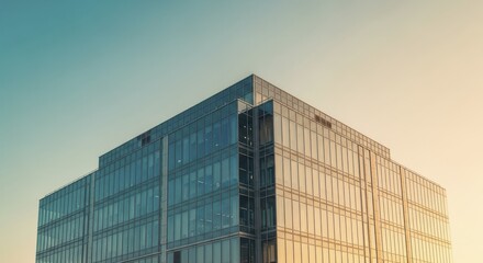Modern corporate building facade reflects warm sunlight against a pale sky