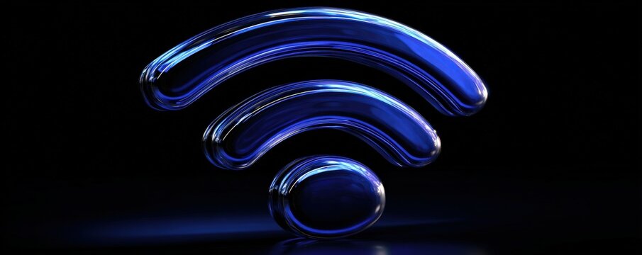 A sleek, modern blue Wi-Fi symbol against a dark background, conveying connectivity and technology. - Powered by Adobe