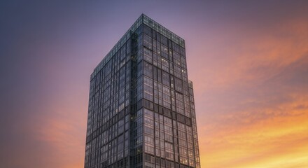 Modern glass skyscraper dominates the frame against a dramatic twilight sky