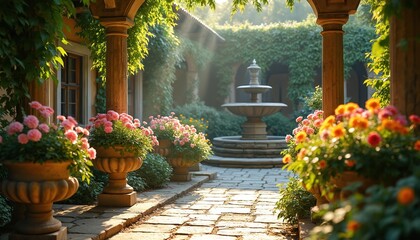 Fototapeta premium Stone courtyard with blooming flowers and a tiered fountain. Sunlight streams through green vines onto a paved walkway. Peaceful, elegant garden ambiance.