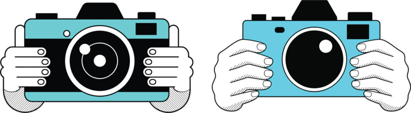 Flat vector illustration of hands holding a digital mirrorless camera for photography, travel blogging, and media