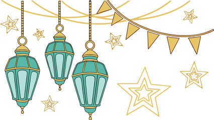 Elegant Golden Turquoise Lanterns Stars Festive Celebration Decor with vector illustration