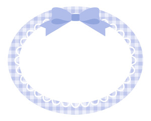 リボンがついたかわいいハートのレースフレームのベクターイラスト。飾り、ギンガムチェック、ブルー