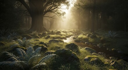 Sunlight illuminates a winding stream bed amidst ancient forest growth and moss covered stones