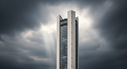 Modern skyscraper reaches toward dramatic sky illuminated by divine light rays