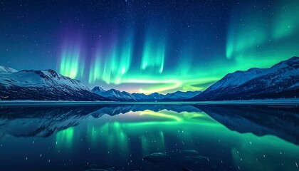 Spectacular aurora borealis dance over serene, reflective lake