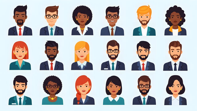Professional set of diverse business people avatars featuring multicultural men and women in corporate attire, collection for office team profiles and social media.