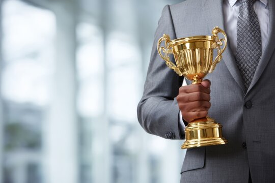 Professional business executive holding a trophy symbolizing success and achievement.