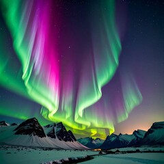 Spectacular celestial display of Northern Lights over a snowy landscape