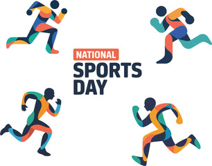Fototapeta premium National Sports Day vector illustration set with abstract colorful running athlete silhouettes for fitness and athletic competition events