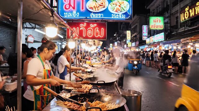Woman Cooks Noodles At A Busy Night Market With TukTuk And Neon Signs In Thailand