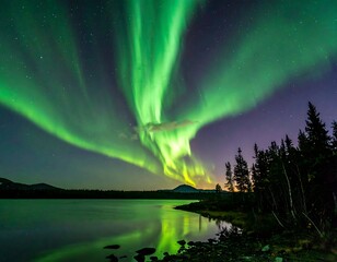 Spectacular green aurora borealis dances above calm lake, dark trees