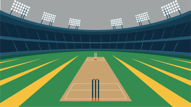 Professional cricket stadium arena vector background with green grass pitch wickets and floodlights under a grey evening sky