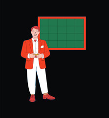 Professional game show host or teacher character in red blazer standing before blank green chalkboard for educational presentation design