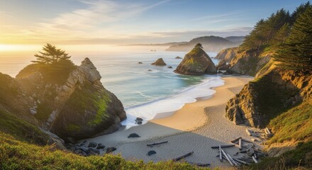 Serene coastal cove reveals sandy beach nestled between dramatic sea stacks and lush evergreen bluffs during sunrise