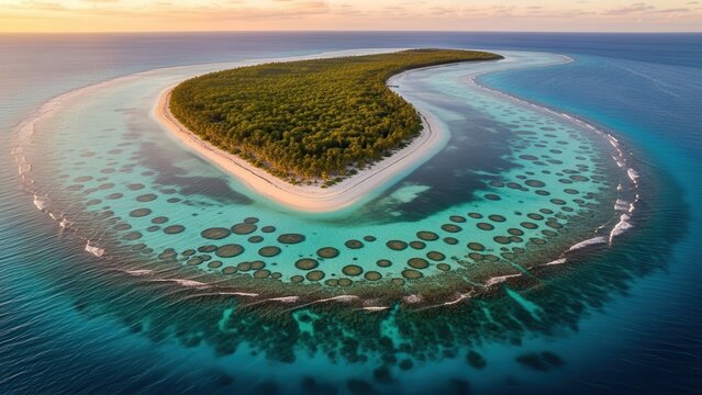 Captured in a serene aerial wide shot, this lush, crescent-shaped tropical island is surrounded by vibrant turquoise coral reef formations, showcasing a stunning blue seascape in the vast open ocean. - Powered by Adobe