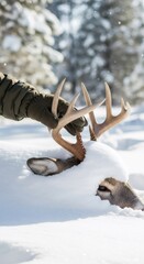 Obraz premium Male hunter in glove holding antlers of deer head covered in snow, showing winter hunting season and wild animal concept