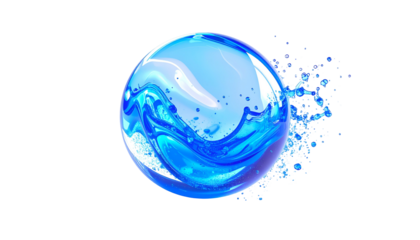 A clear blue sphere of water with splashing waves and a black background