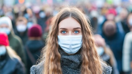 Girl stands in crowd wearing mask in city during daytime event