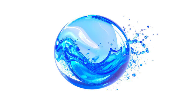 A clear blue sphere of water with splashing waves and a black background - Powered by Adobe