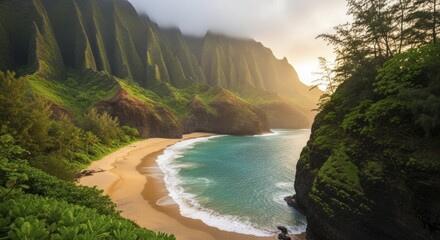 Lush tropical coastline features dramatic green cliffs overlooking a secluded sandy beach at sunrise