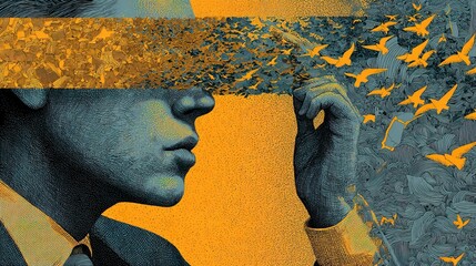 Conceptual Illustration of Mind Transformation with Flock of Bird Metaphor Artwork